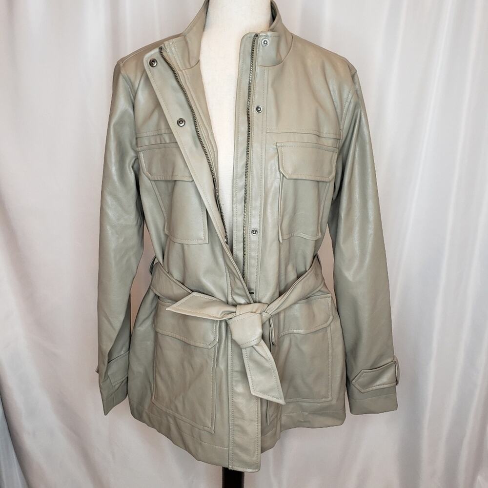 A New Day Faux Leather Belted Anorak Neutral Jacket Weather Resistant Med New - Picture 5 of 10